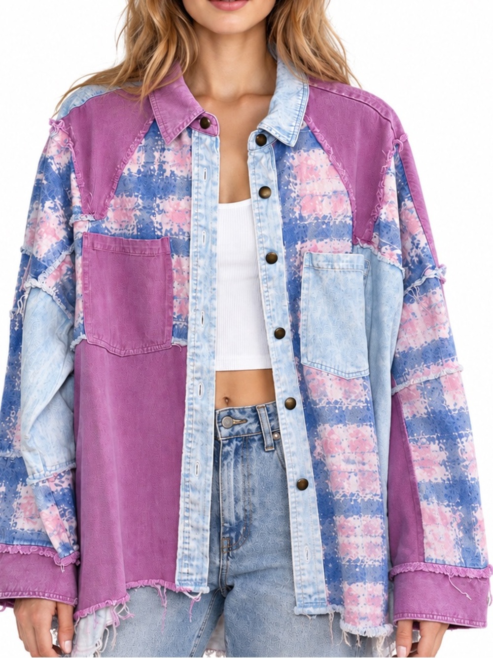 Blue Velvet Patchwork Denim Shacket - Shirt Jacket - NWT